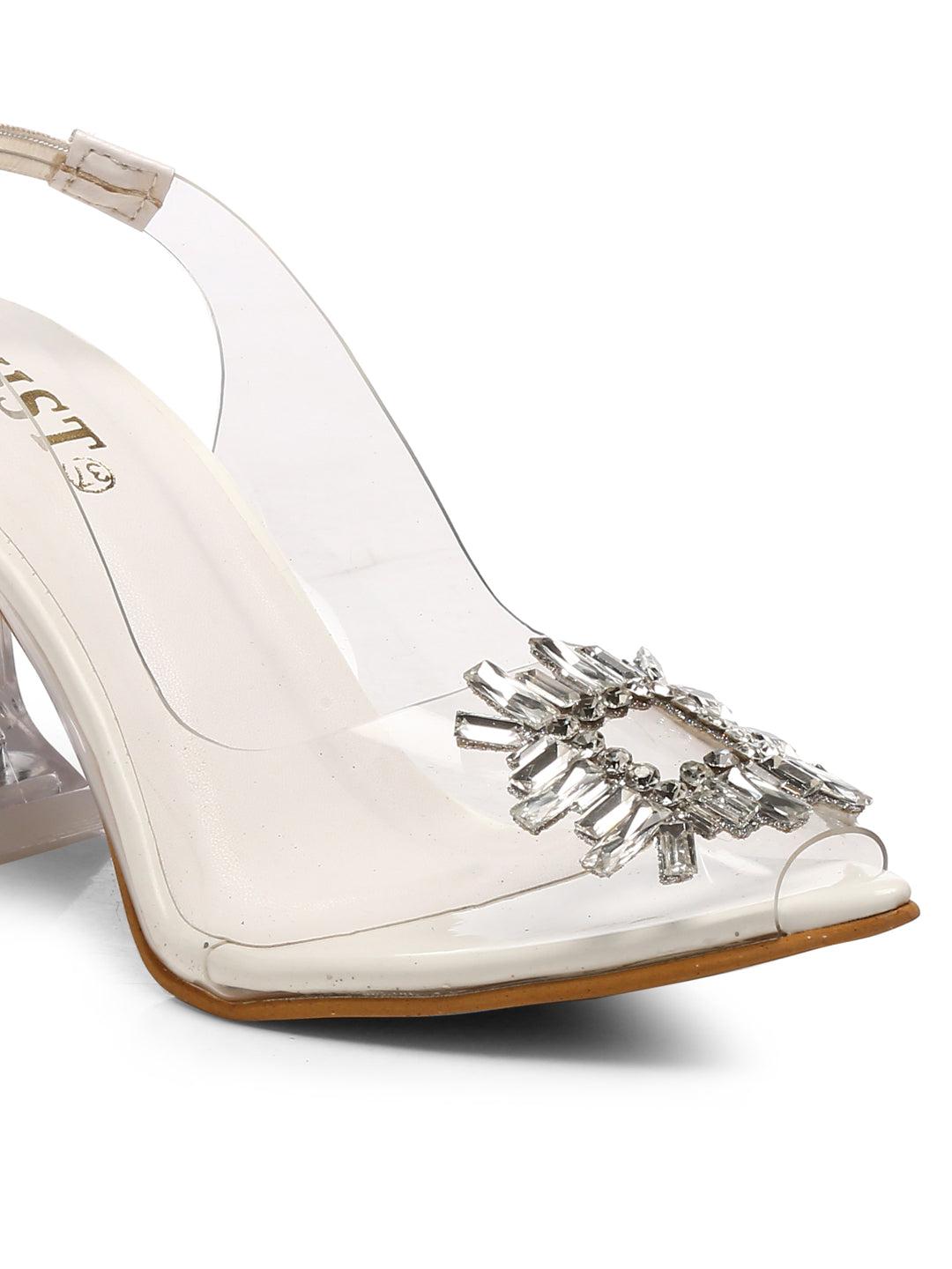 GNIST Square Embellished White Pointed Stilettos