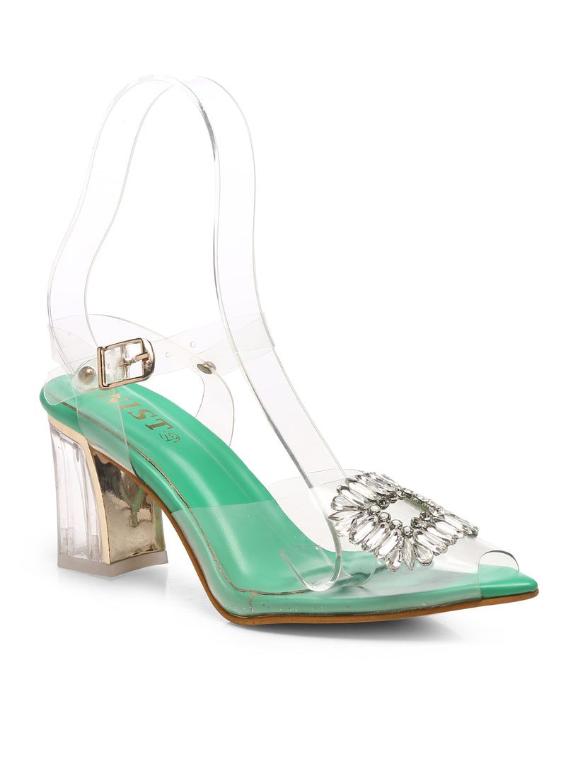 GNIST Green Pointed square Embellished Back Strap Stilettos