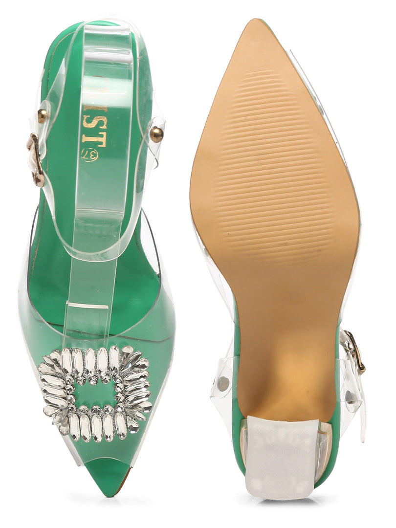 GNIST Green Pointed square Embellished Back Strap Stilettos