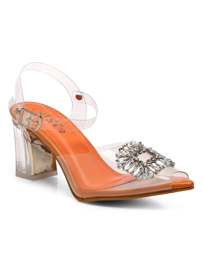 GNIST Orange Pointed square Embellished Back Strap Stilettos