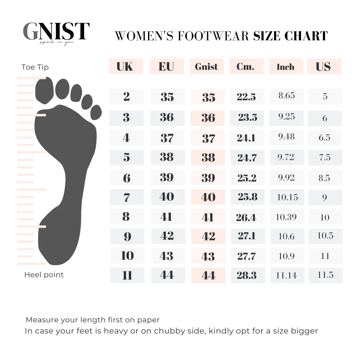 Shoe size chart for female discount