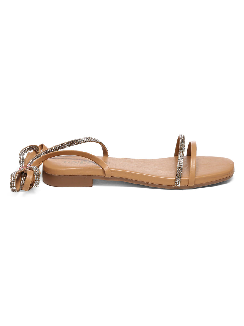 GNIST Beige Embellished Tie up Flat Sandal