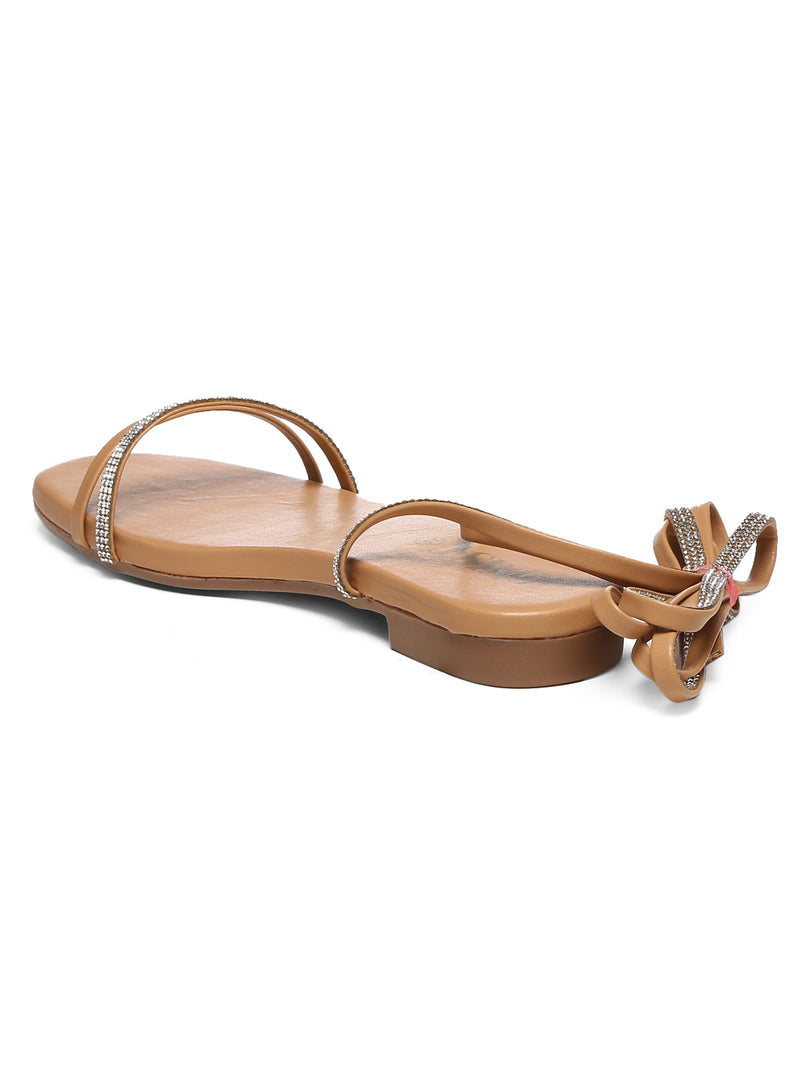 GNIST Beige Embellished Tie up Flat Sandal