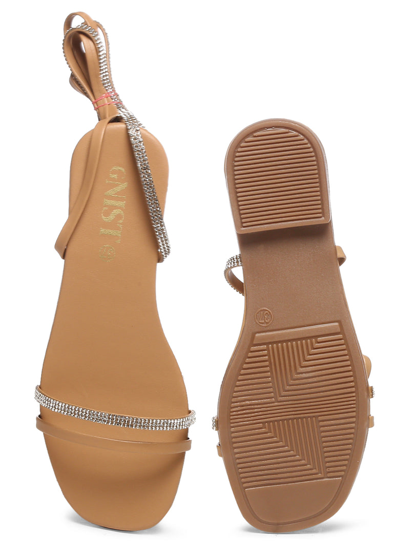 GNIST Beige Embellished Tie up Flat Sandal