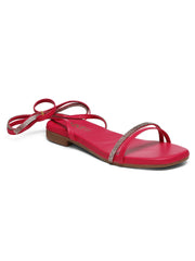 GNIST Hot Pink Embellished Tie up Flat Sandal