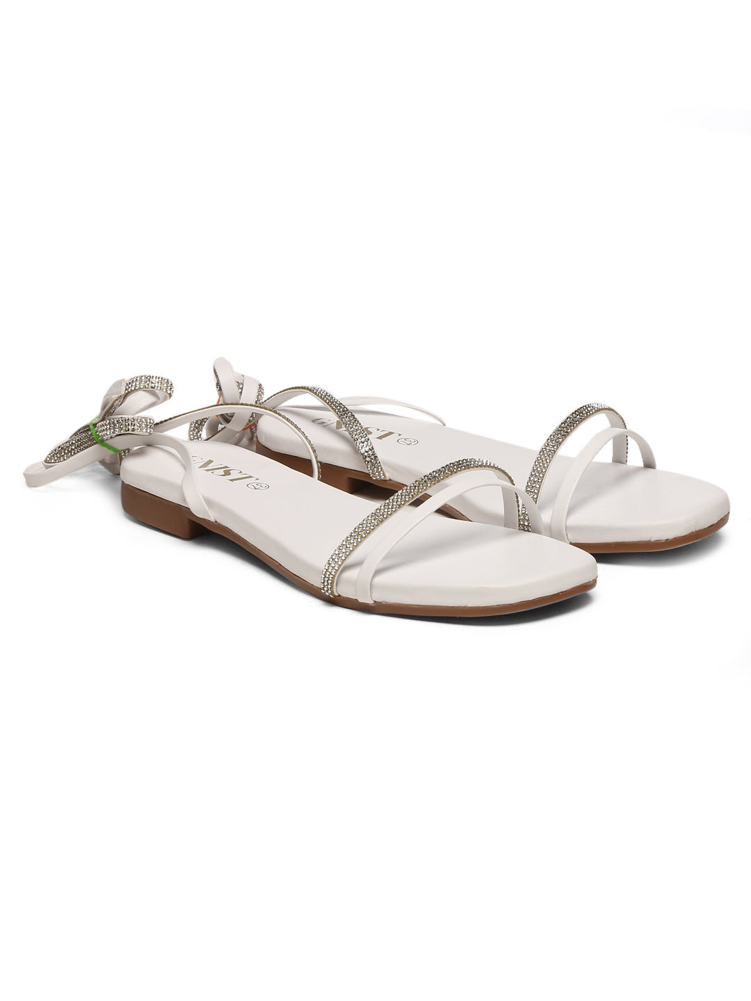 GNIST White Embellished Tie up Flat Sandal