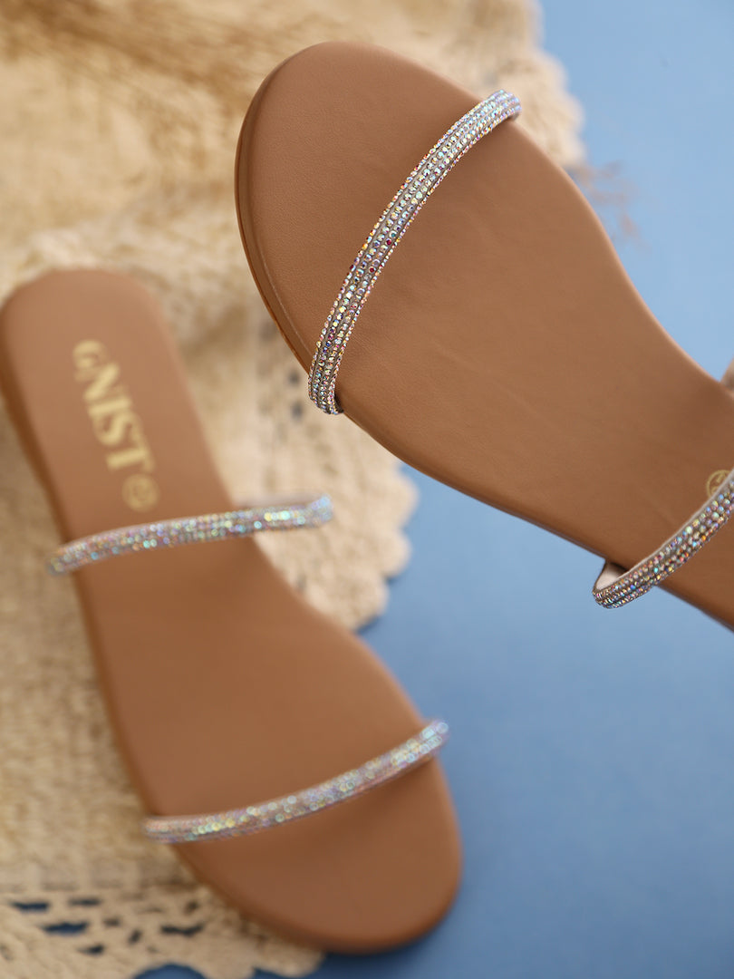 GNIST Beige Rhinestone Embellished Flat Sandal