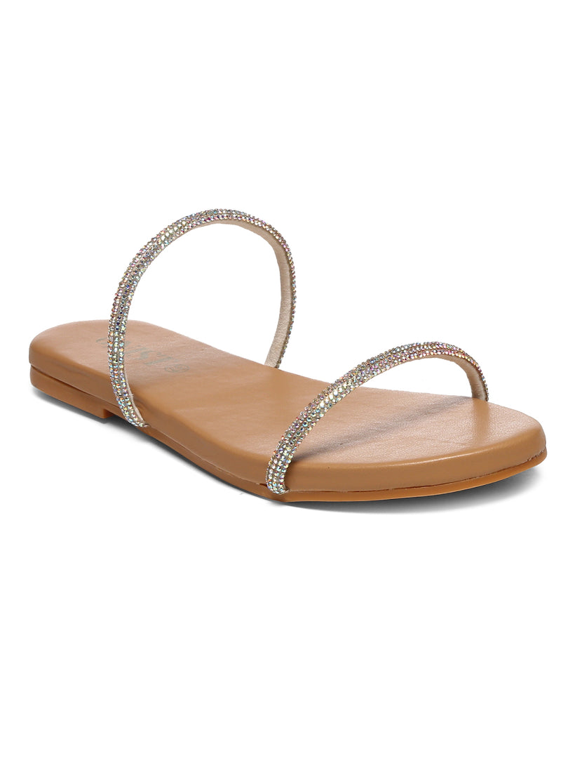 GNIST Beige Rhinestone Embellished Flat Sandal