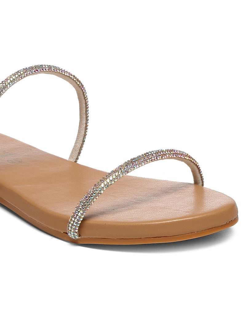 GNIST Beige Rhinestone Embellished Flat Sandal