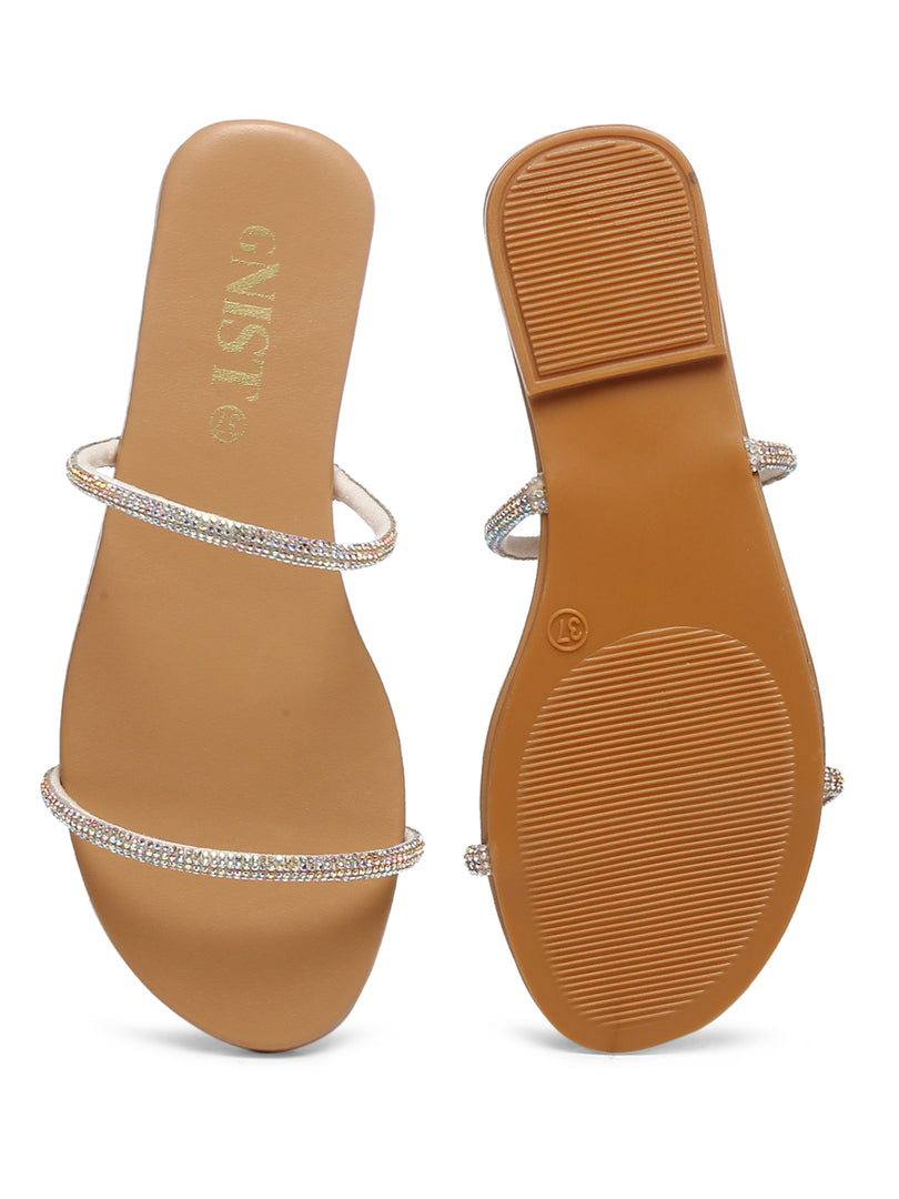 GNIST Beige Rhinestone Embellished Flat Sandal