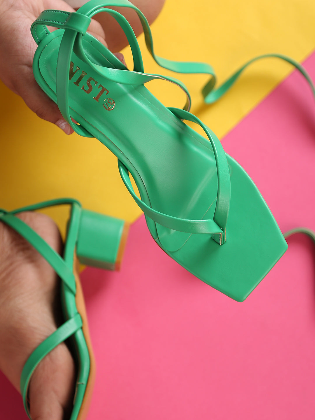 GNIST Green Trendy Tie up Block Heel Sandal