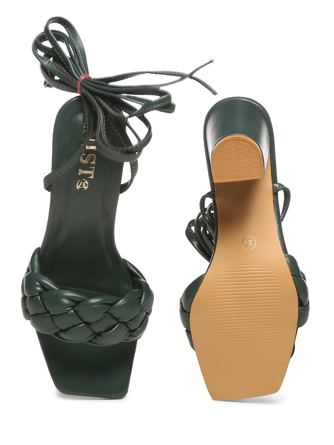 GNIST Green Braided Tie up Block Heel Sandal