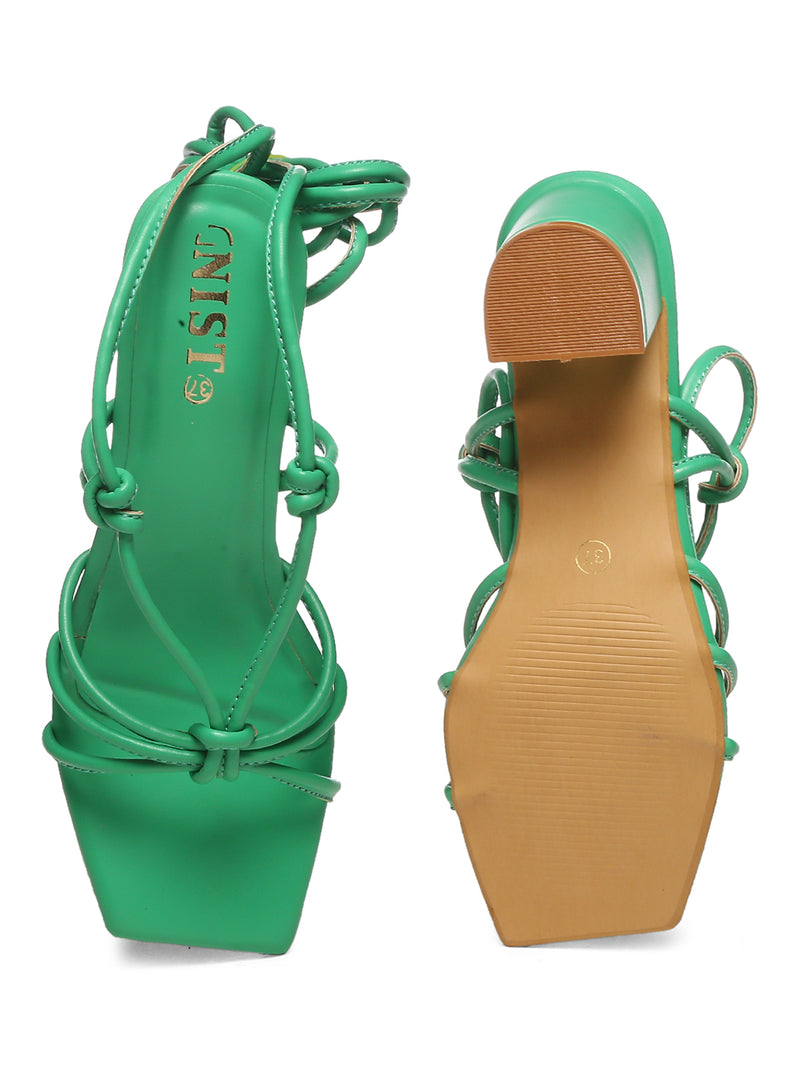 GNIST Green Strappy Tie up  Block Heel Sandal