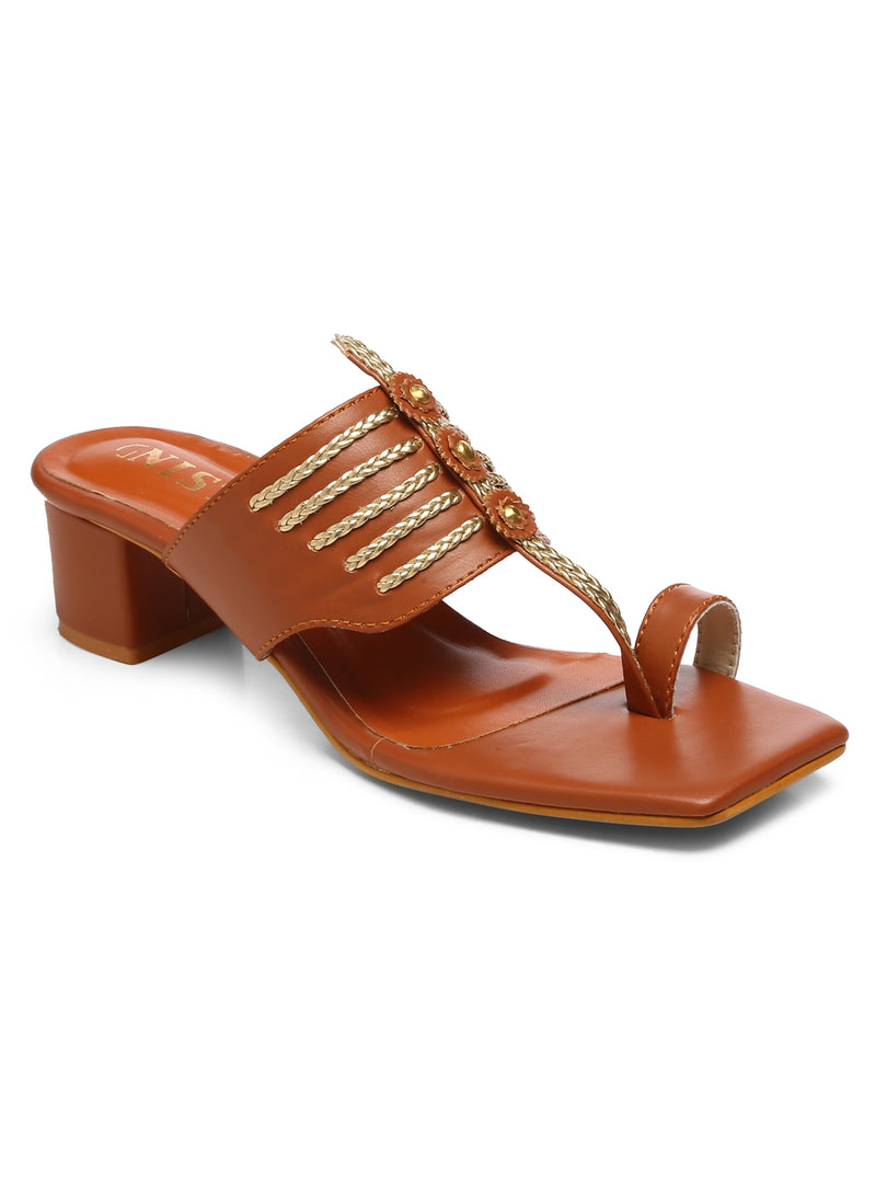 GNIST Tan Gold Kolhapuri Ethnic Block Heel