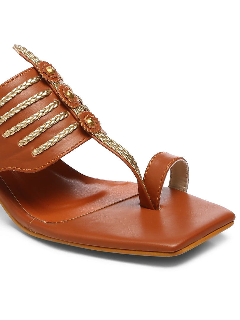 GNIST Tan Gold Kolhapuri Ethnic Block Heel