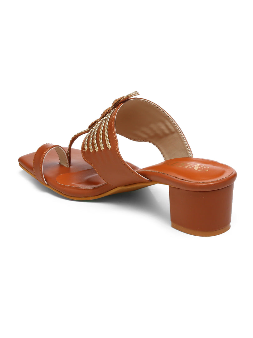 GNIST Tan Gold Kolhapuri Ethnic Block Heel