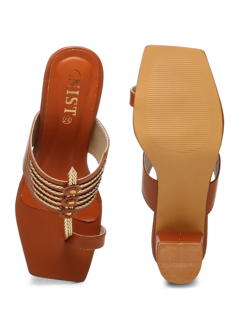 GNIST Tan Gold Kolhapuri Ethnic Block Heel