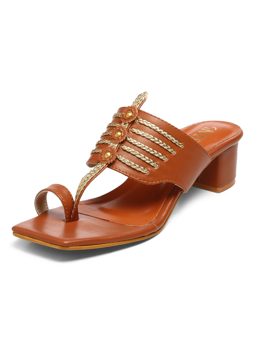 GNIST Tan Gold Kolhapuri Ethnic Block Heel