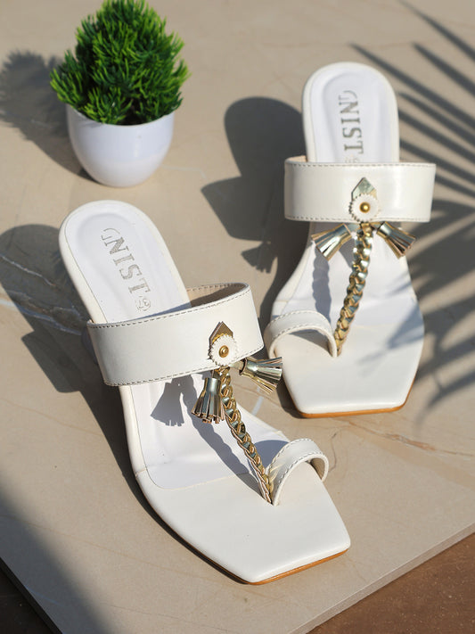 GNIST White Kolhapuri Ethnic With Tassel Stilettos Heel