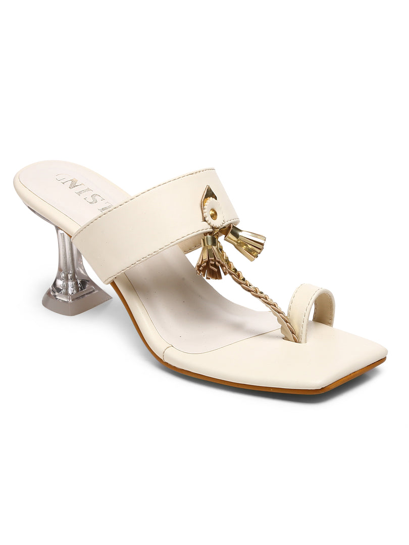 GNIST White Kolhapuri Ethnic With Tassel Stilettos Heel