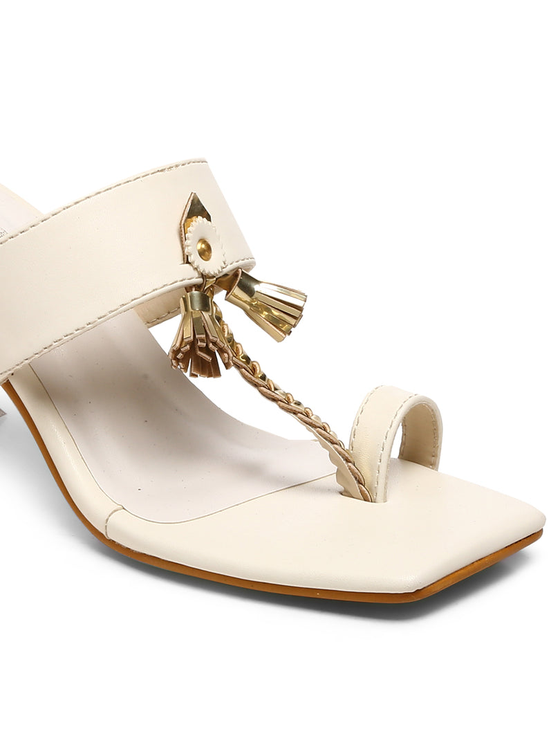 GNIST White Kolhapuri Ethnic With Tassel Stilettos Heel