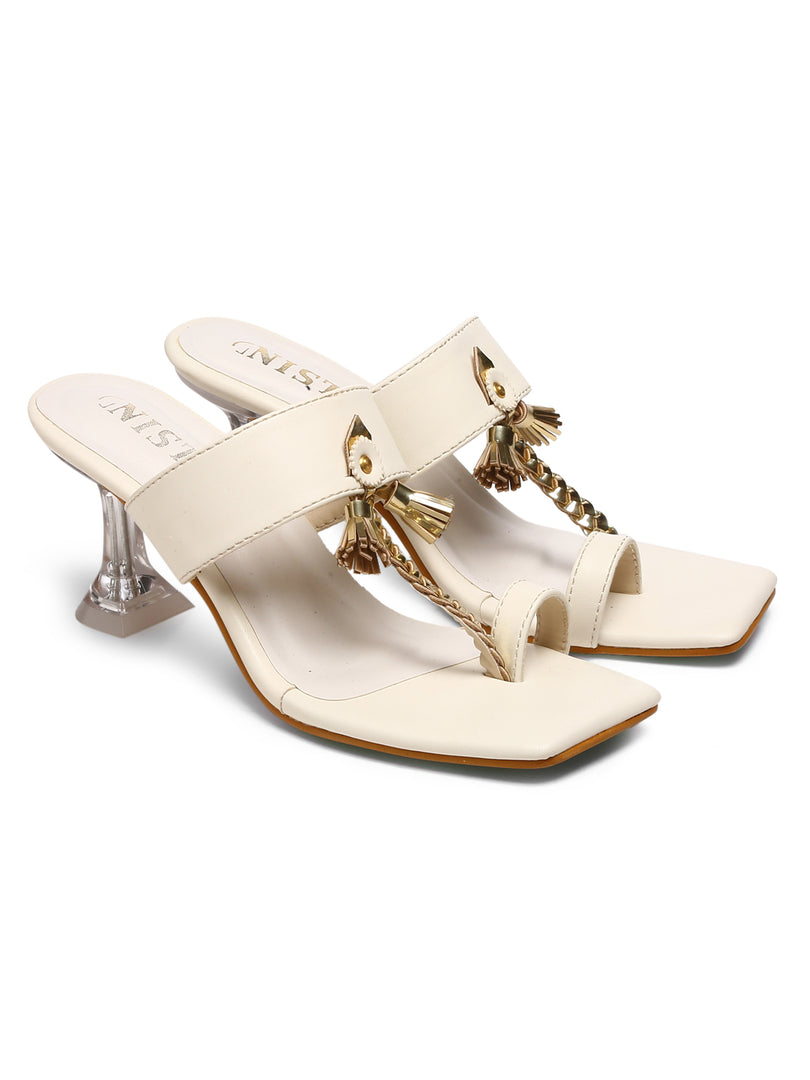 GNIST White Kolhapuri Ethnic With Tassel Stilettos Heel