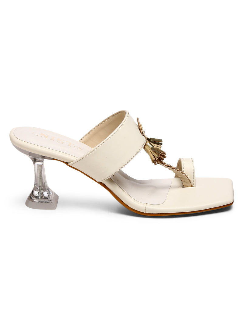 GNIST White Kolhapuri Ethnic With Tassel Stilettos Heel