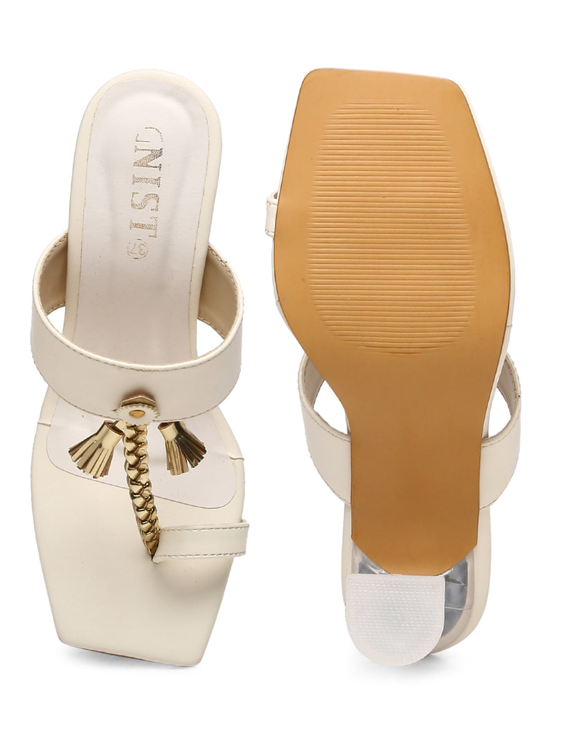 GNIST White Kolhapuri Ethnic With Tassel Stilettos Heel