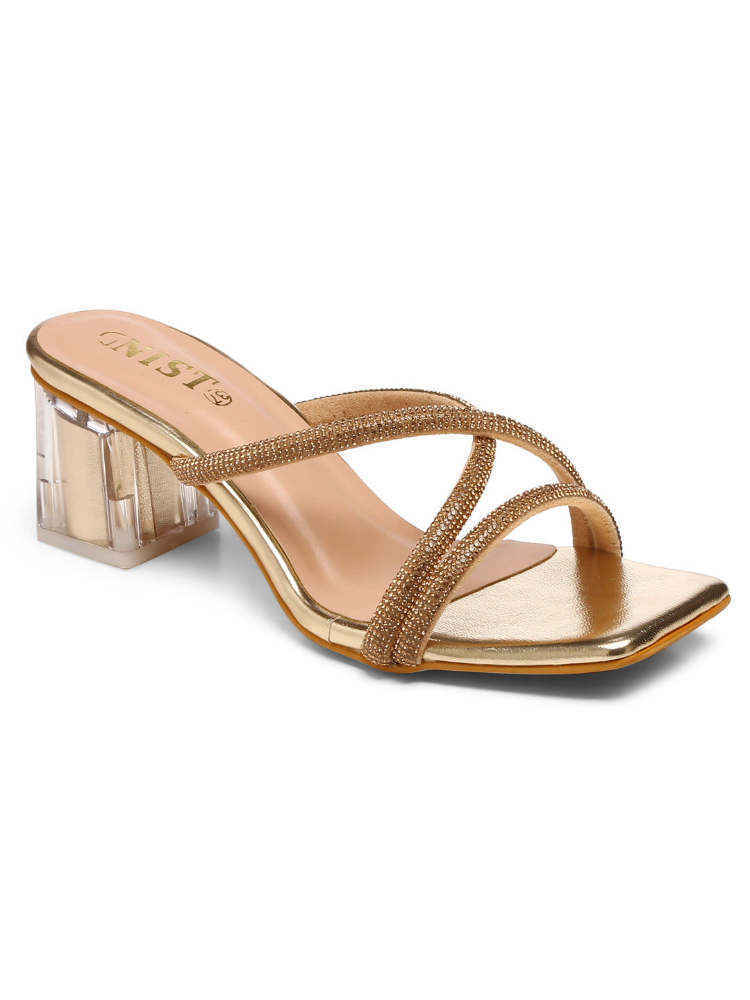 GNIST Gold Embellished Cross Strap Block Heel