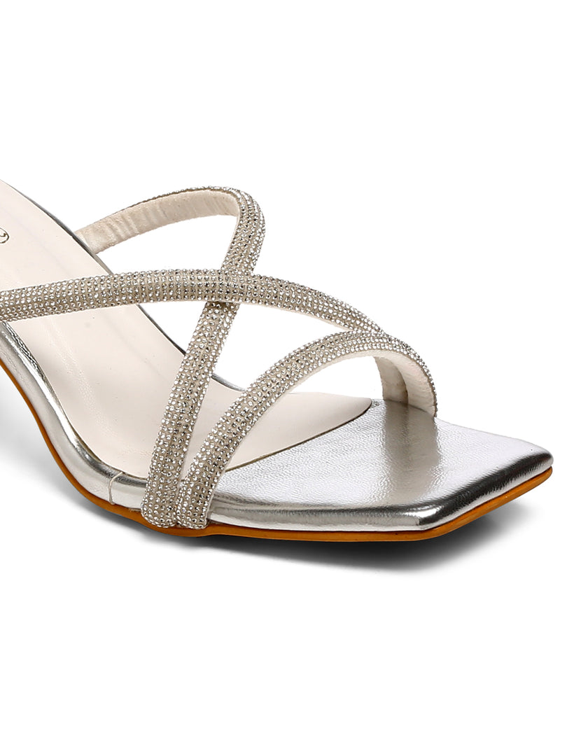 GNIST Silver Embellished Cross Strap Patent Block Heel