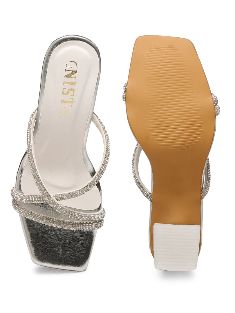 GNIST Silver Embellished Cross Strap Patent Block Heel