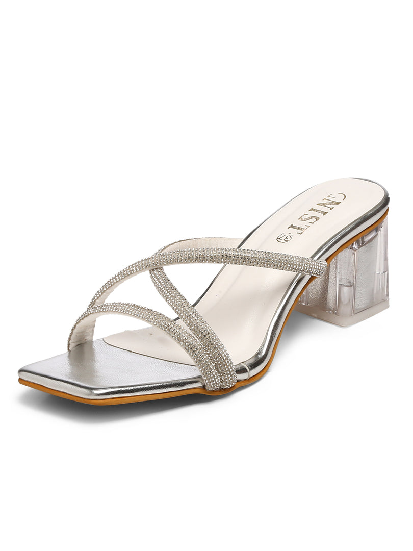 GNIST Silver Embellished Cross Strap Patent Block Heel