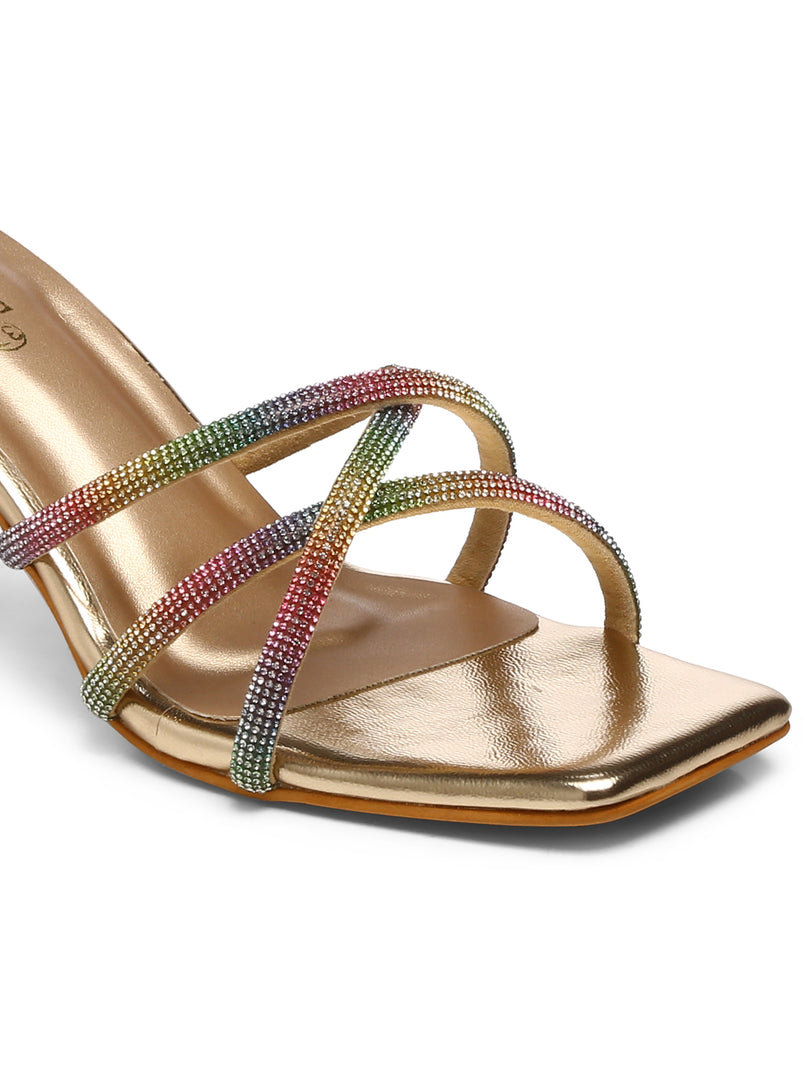 GNIST Multicolour Embellished Cross Strap Patent Block Heel