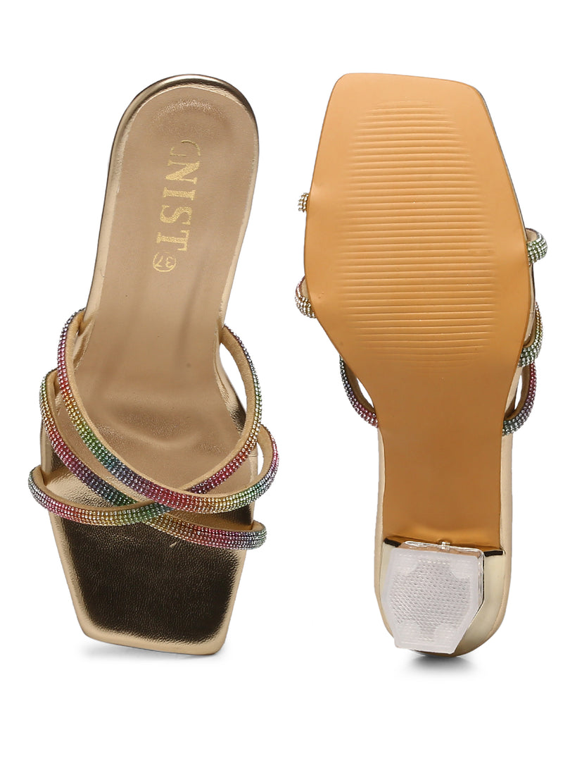 GNIST Multicolour Embellished Cross Strap Patent Block Heel