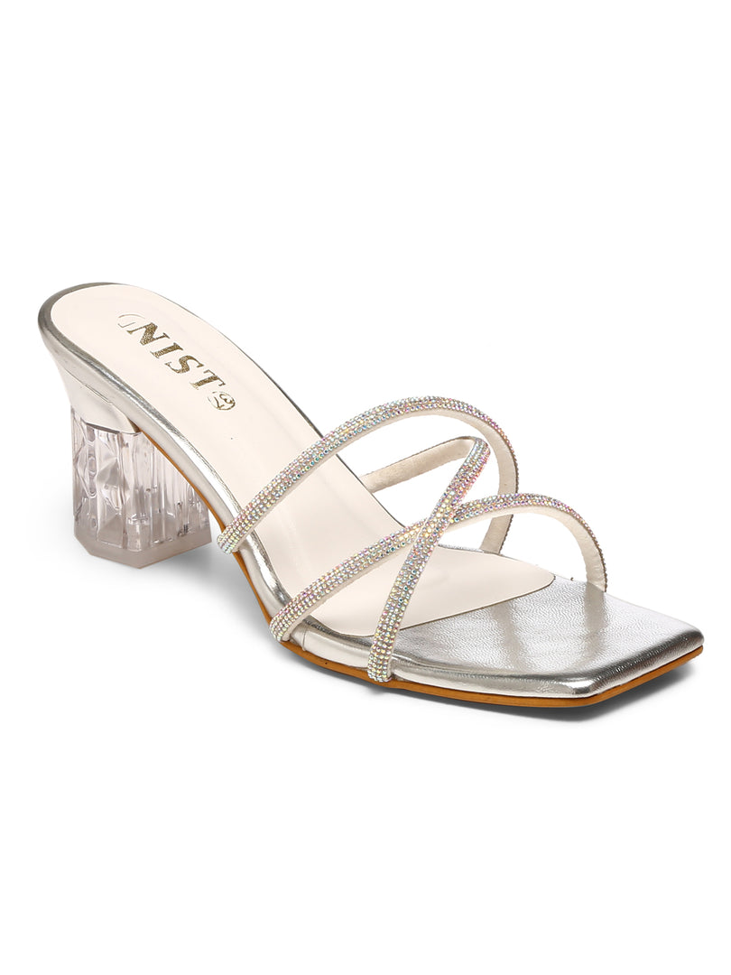 GNIST Silver Embellished Cross Strap Block Heel