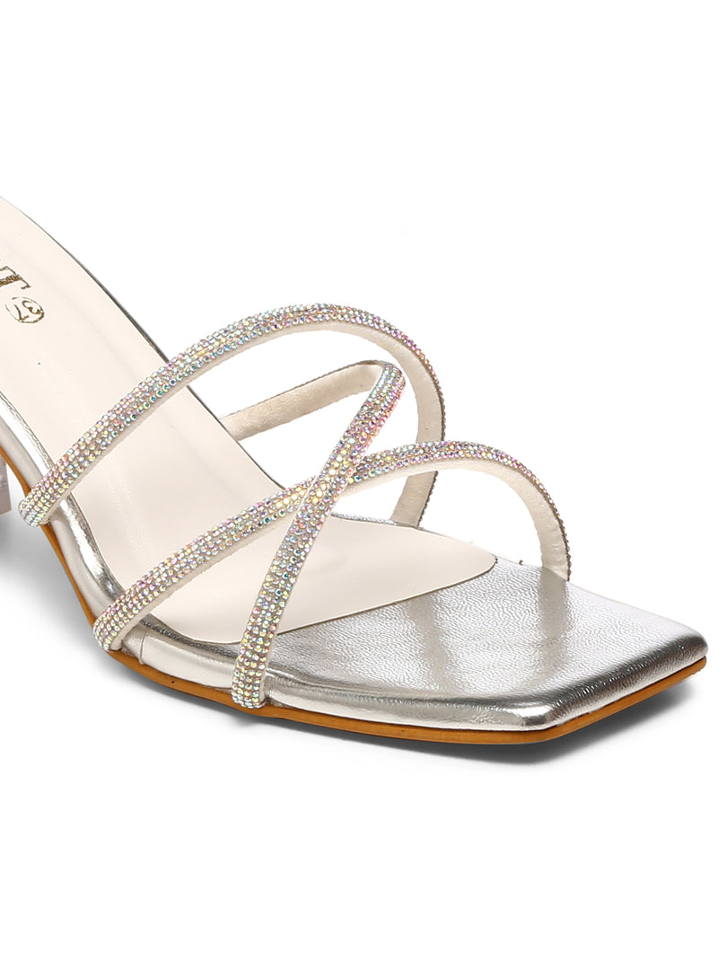 GNIST Silver Embellished Cross Strap Block Heel