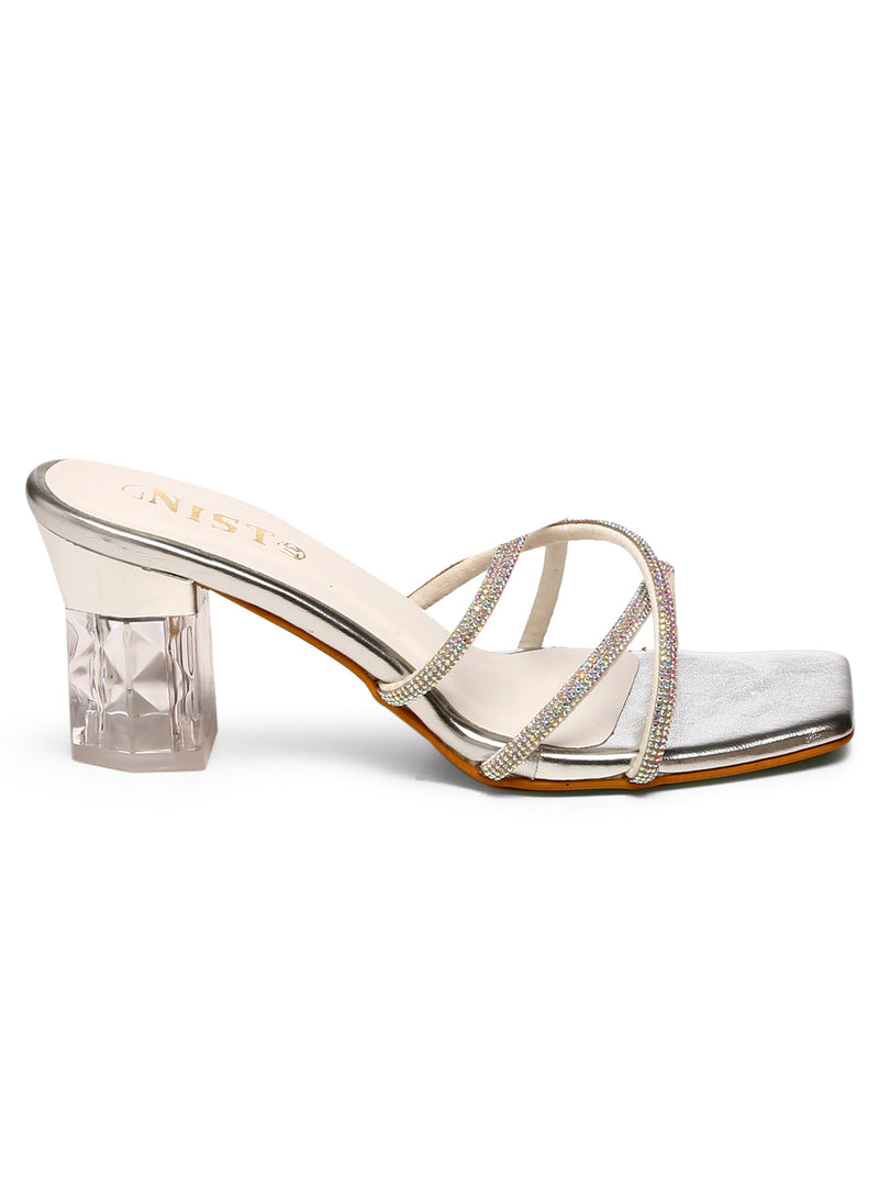 GNIST Silver Embellished Cross Strap Block Heel