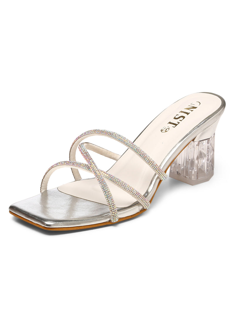 GNIST Silver Embellished Cross Strap Block Heel