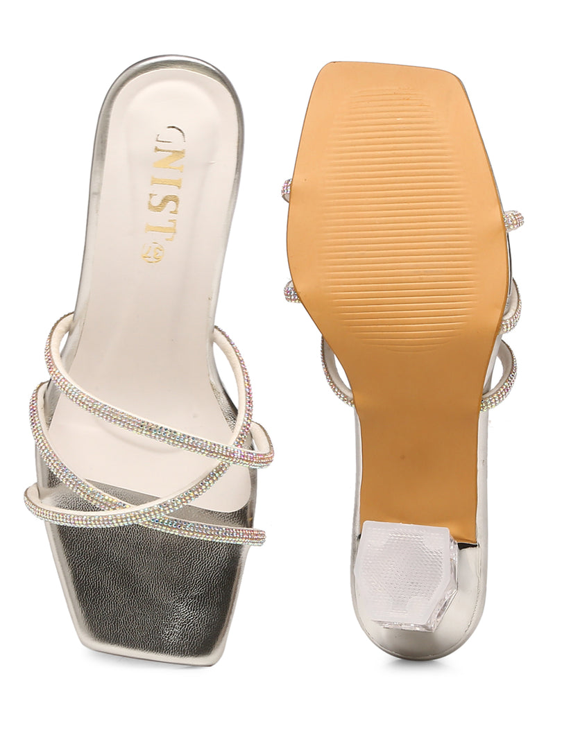 GNIST Silver Embellished Cross Strap Block Heel