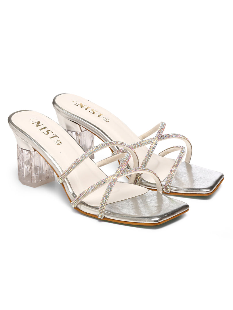 GNIST Silver Embellished Cross Strap Block Heel