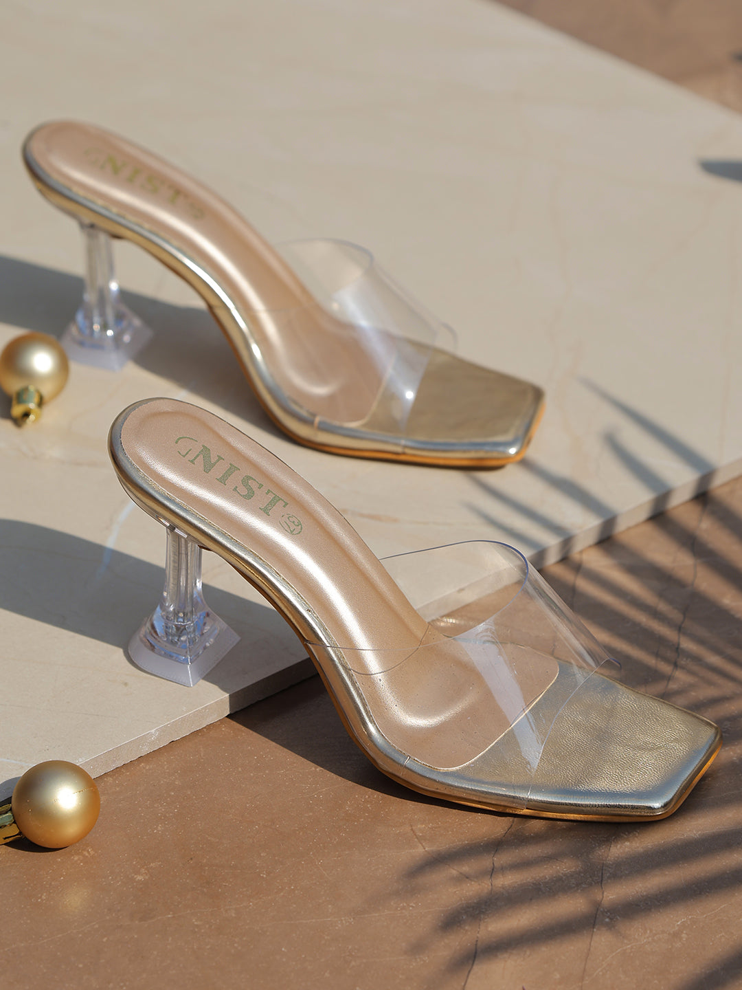 GNIST Gold Transparent Strap Stilettos Heel