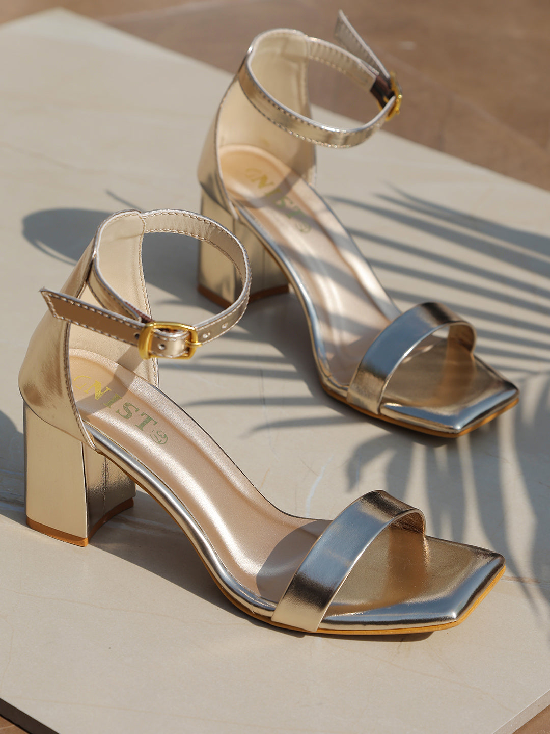 GNIST Gold Classic Ankle Strap Block Heel
