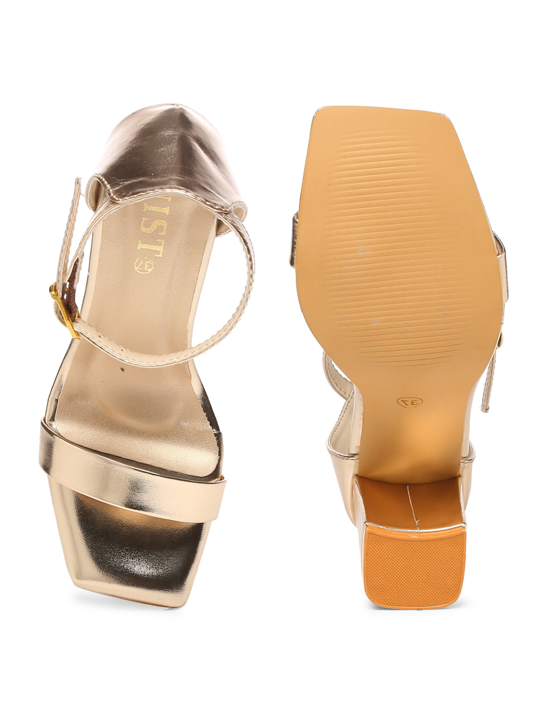 GNIST Gold Classic Ankle Strap Block Heel