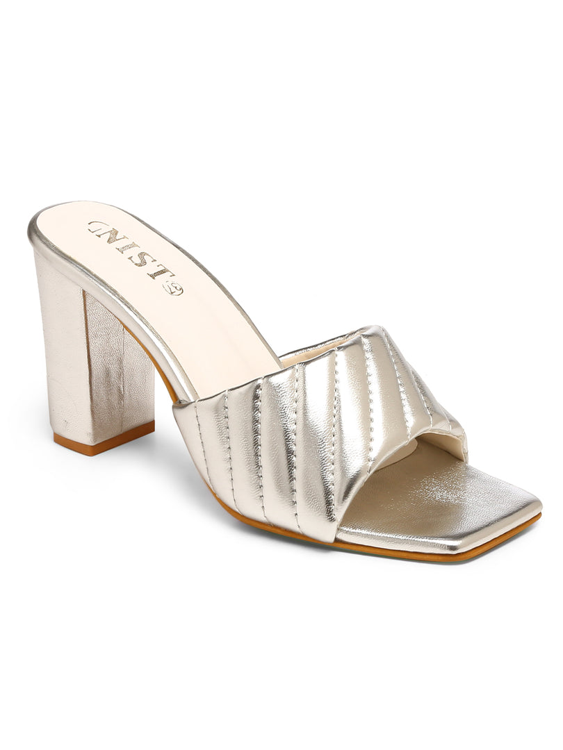 GNIST Silver Quilted Strap Block Heel