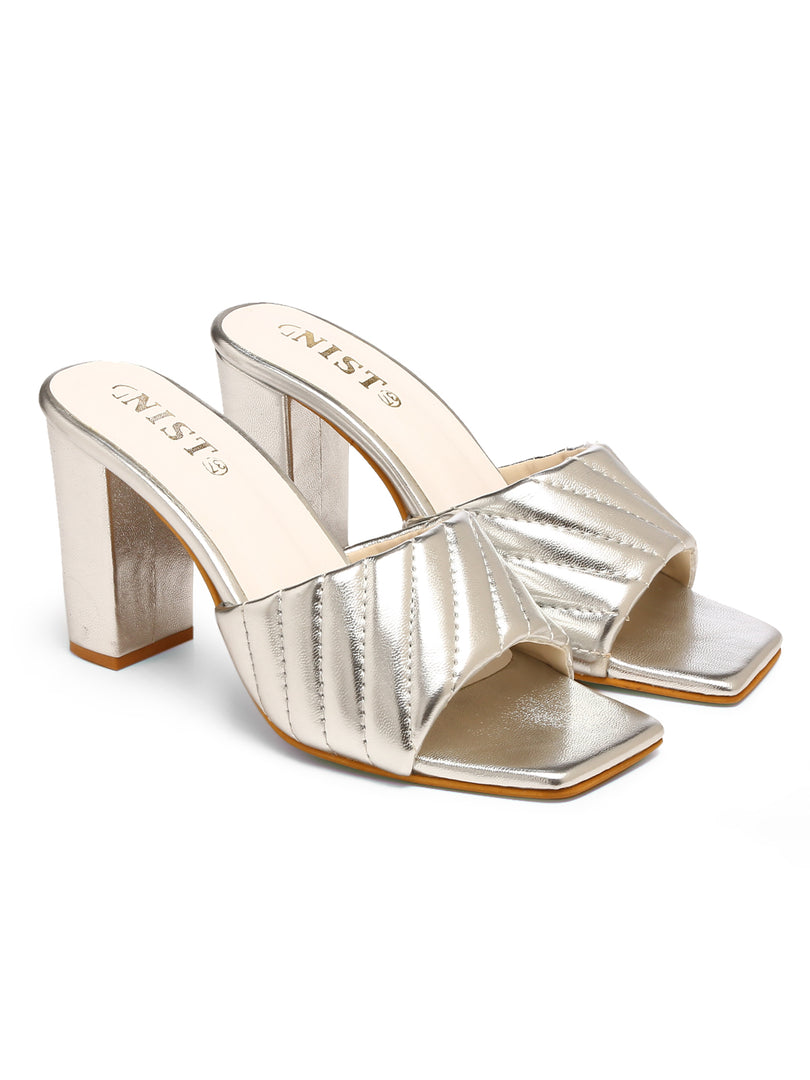 GNIST Silver Quilted Strap Block Heel