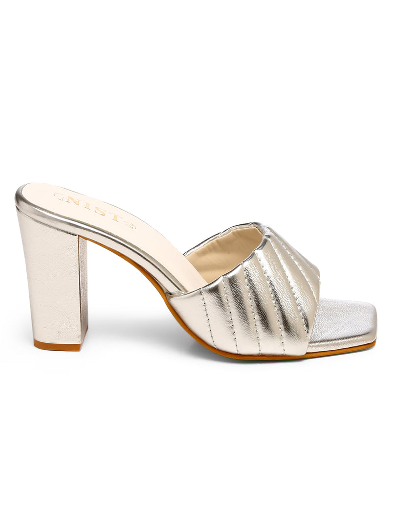 GNIST Silver Quilted Strap Block Heel