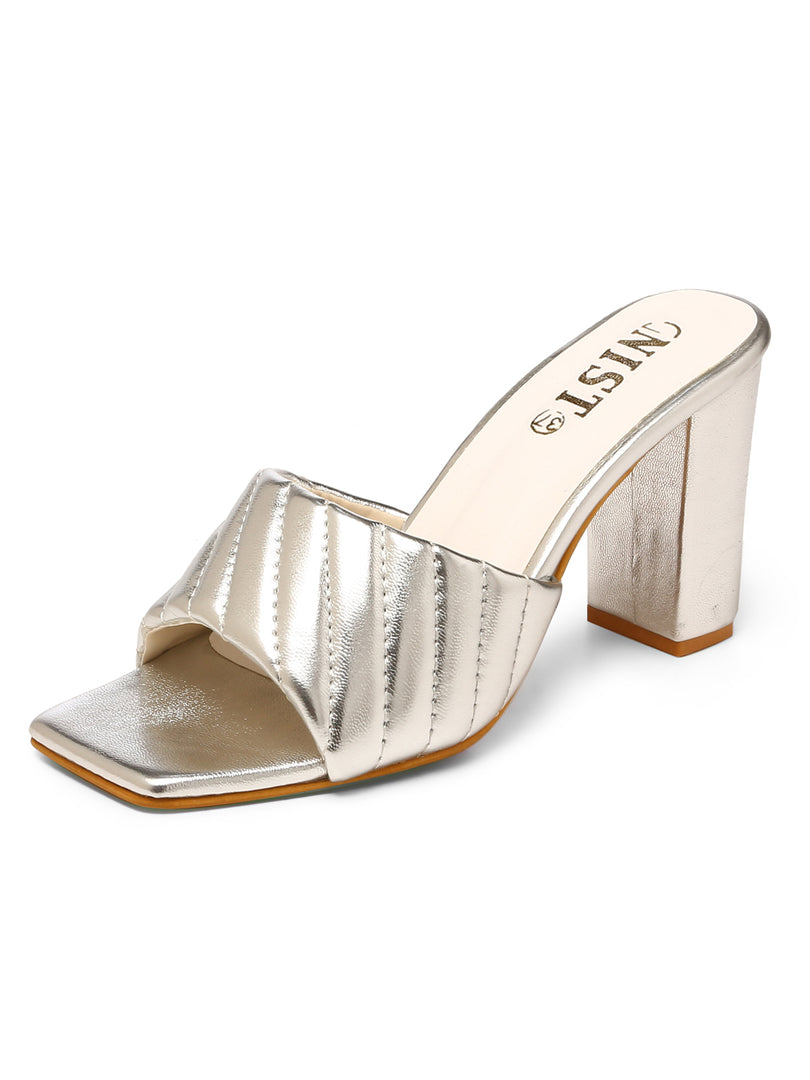 GNIST Silver Quilted Strap Block Heel