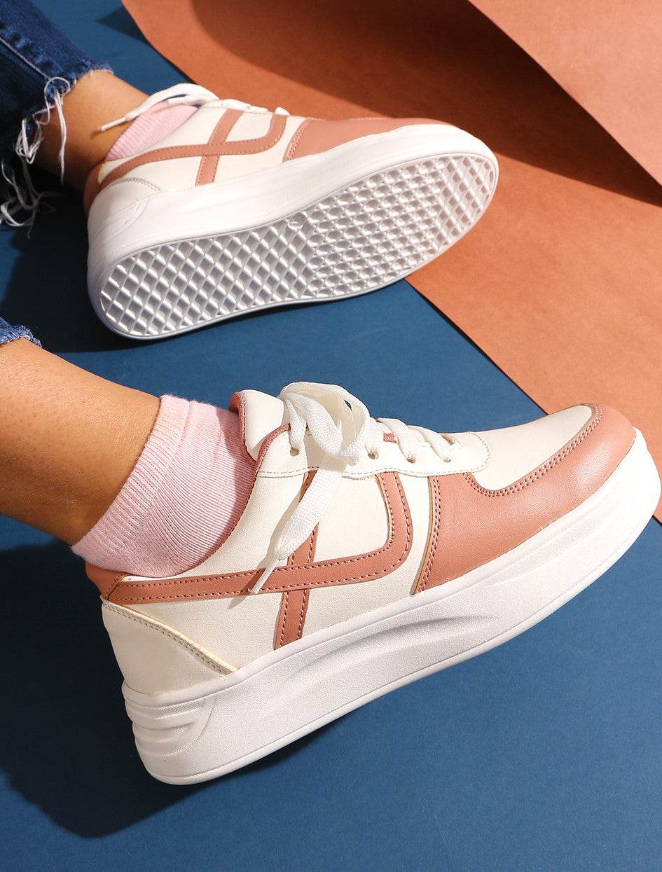 GNIST White Nude Colour Blocked Sneakers