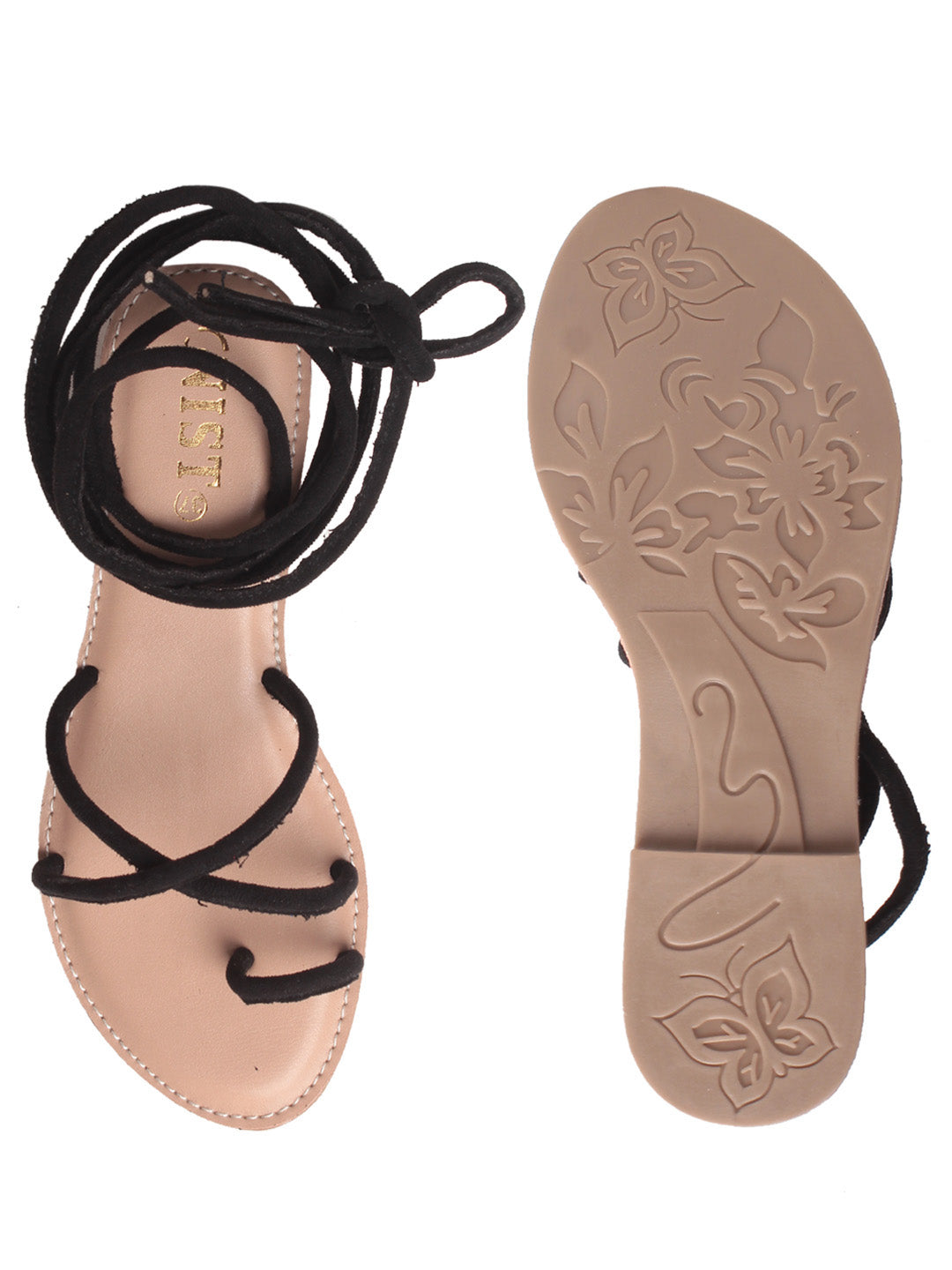 Gnist Footwear Black Tie-up Flat Sandal for Women