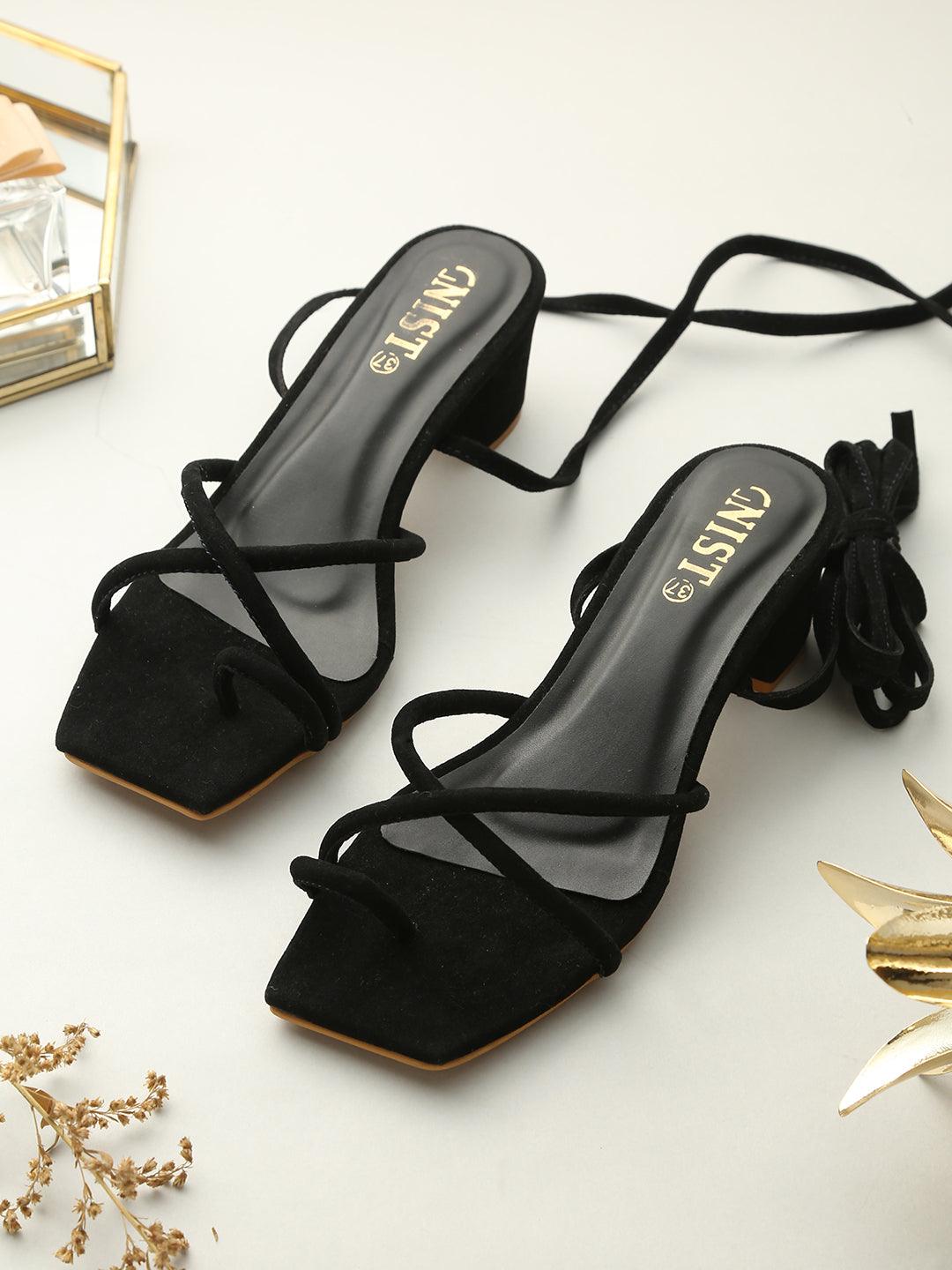 Buy Monrow Women Black Solid Sandals - Heels for Women 8609443 | Myntra